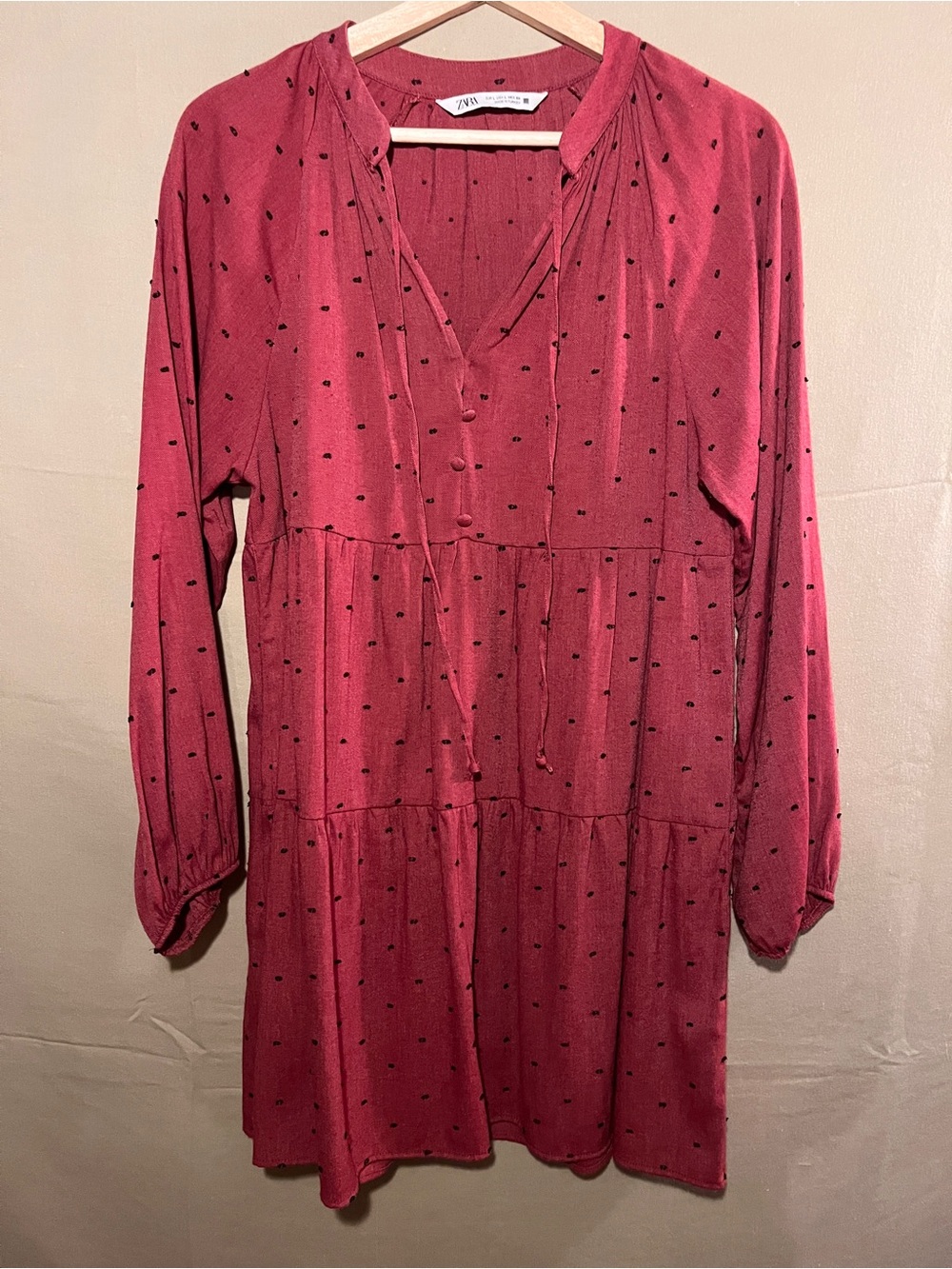 Zara Cottage-Core Maroon Tiered V-Neck Long Sleeve Dress